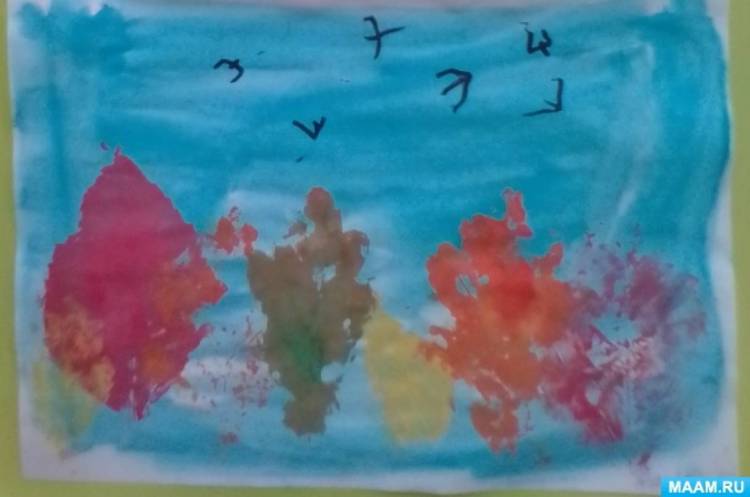 Птицы улетают в теплые края» детский мастер-класс по нетрадиционному рисованию «печать листьями» 