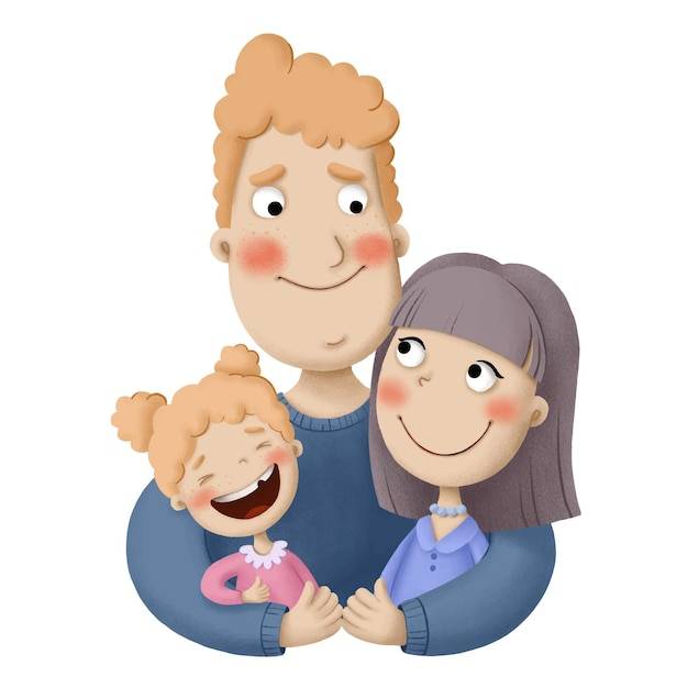 Милая мультяшная картинка семейная мама папа и маленькая дочка