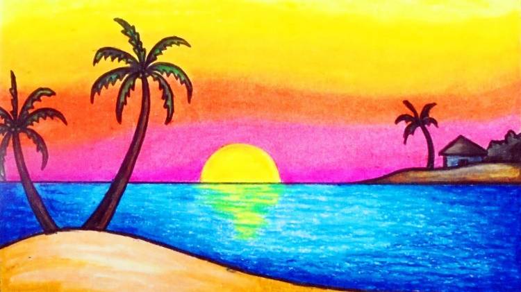 Как нарисовать красивый закат на пляже