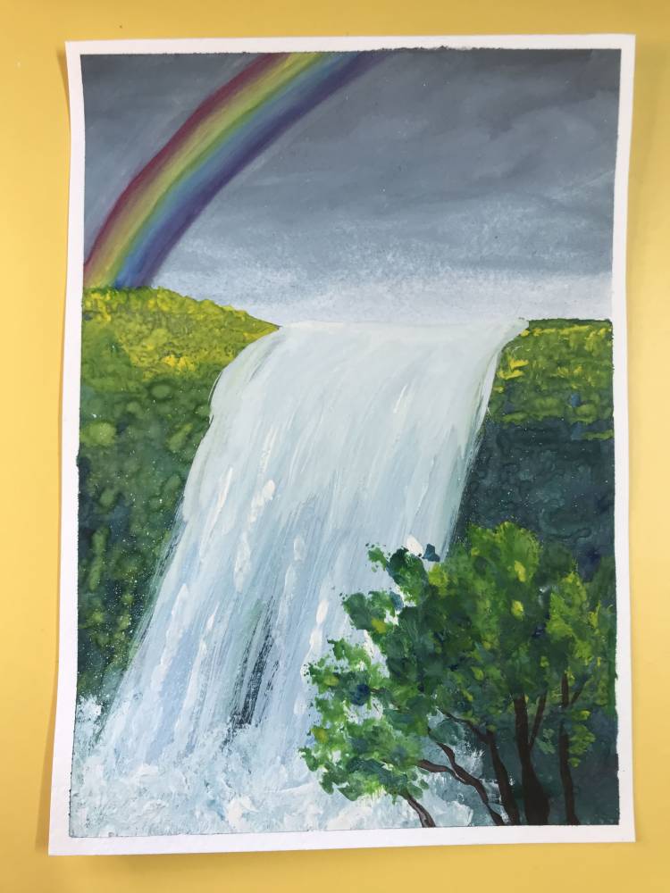Как нарисовать водопад и радугу гуашью