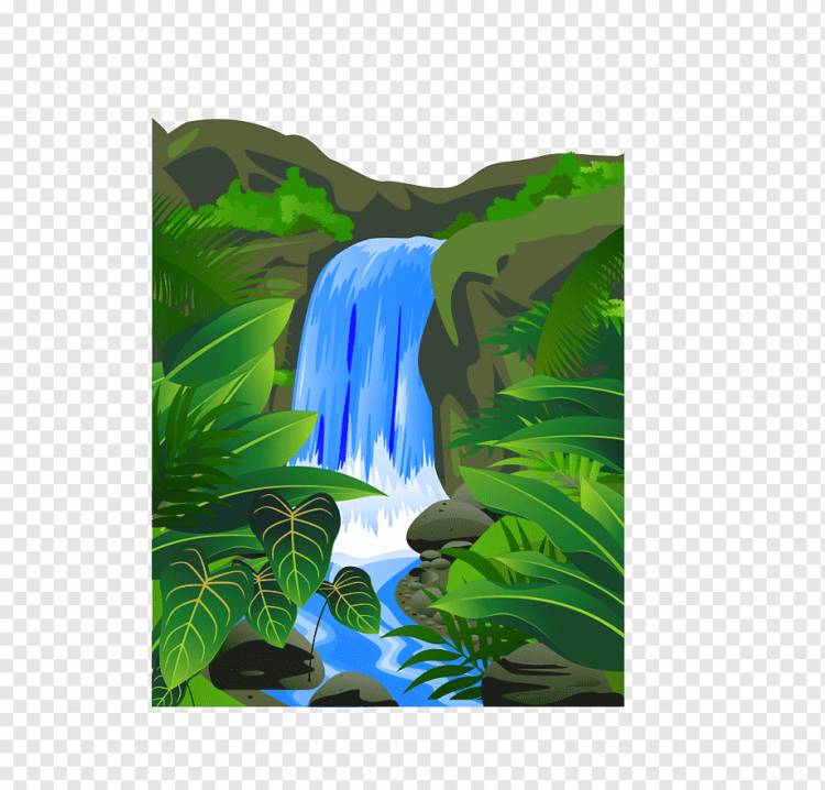 водопады возле зеленых лиственных деревьев арт, анимация мультфильмов банок, водопад джунглей, трава, камень, вымышленный персонаж png