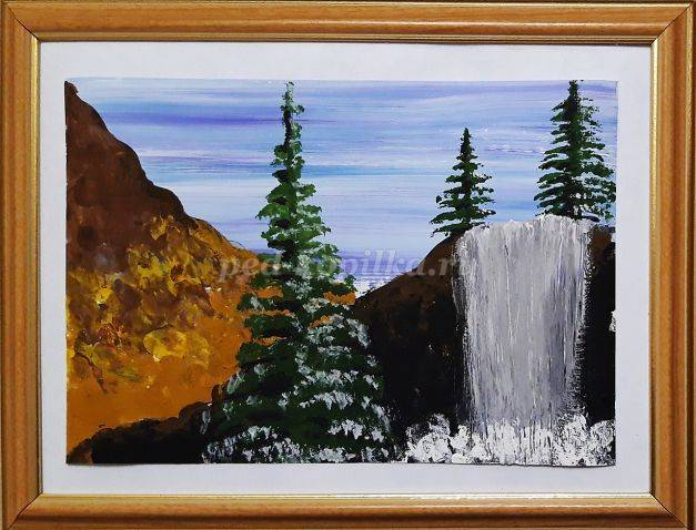 Как нарисовать «Водопад в горах» поэтапно с фото