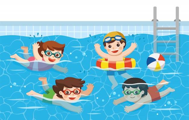 Веселые и активные дети купаются в бассейне