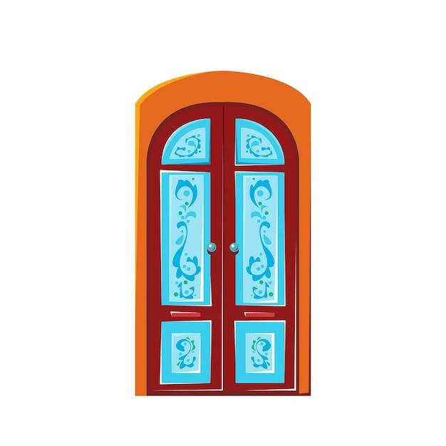 Красивая деревянная дверь с синим витражом векторные иллюстрации в мультяшном стиле для детей