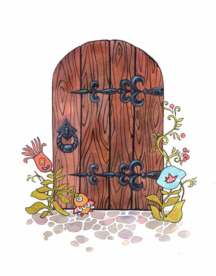 Иллюстрация сказочная дверь в стиле графика, декоративный, детский