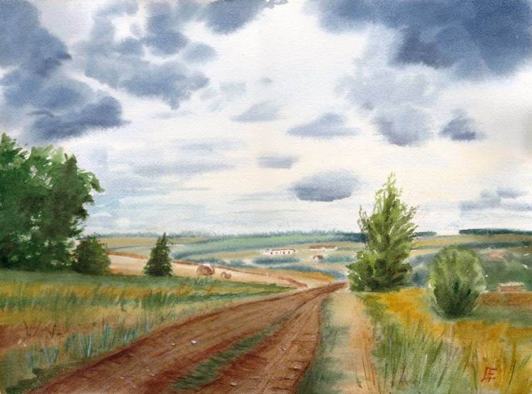 Картина акварелью Донская степь поле дорога деревенский пейзаж в интернет