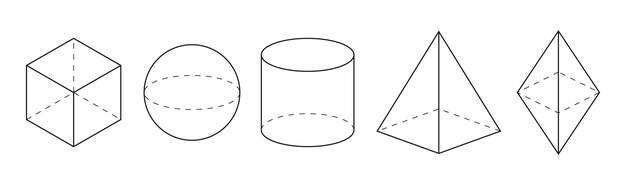 Объемные основные геометрические фигуры линейные простые, фигура с пунктирными невидимыми линиями формы изометрическая