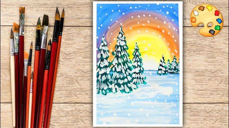 Как нарисовать простой зимний пейзаж гуашью
