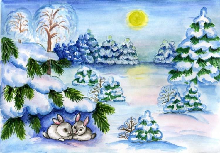 Зимний пейзаж рисунок для детей