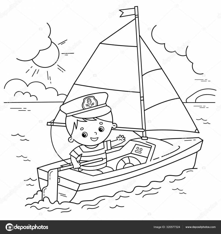 Раскраска страницы Контур мультфильма парусник с матросом на палубе