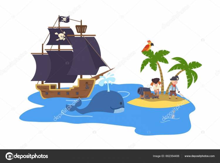 Пиратские Дети Покидают Корабль Отправляются Остров Рисунок Плоском Векторном Изображении Векторное изображение ©Sabelskaya