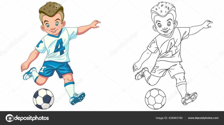 Раскрашивание Страницы Мальчиком Играющим Футбол Линейка Рисунка Детей Деятельность Раскраски Векторное изображение ©Sybirko