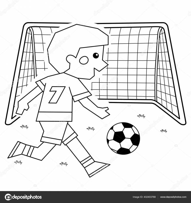 Рисунок Рисунка Мальчика Футбольным Мячом Футбольными Воротами Раскраска Детей Векторное изображение ©Oleon