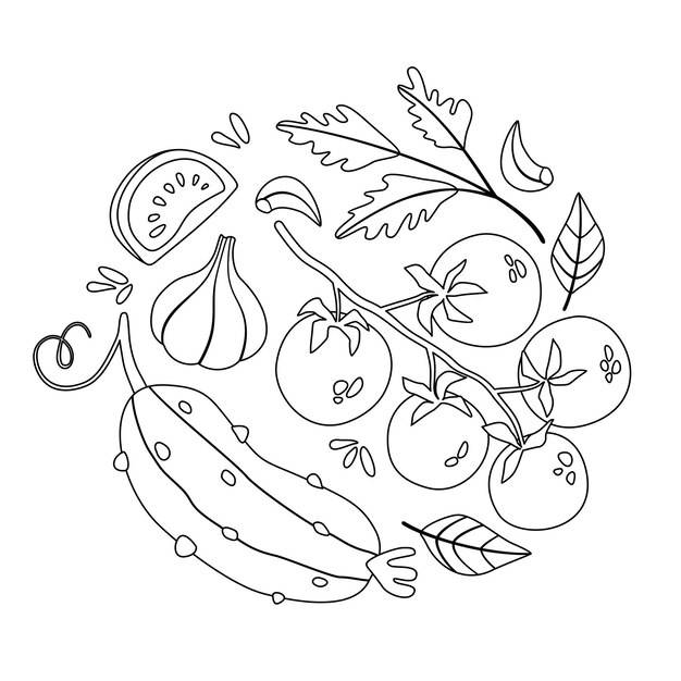 Композиция в виде круга из овощей-каракулей векторная иллюстрация на белом фоне раскраска для детей