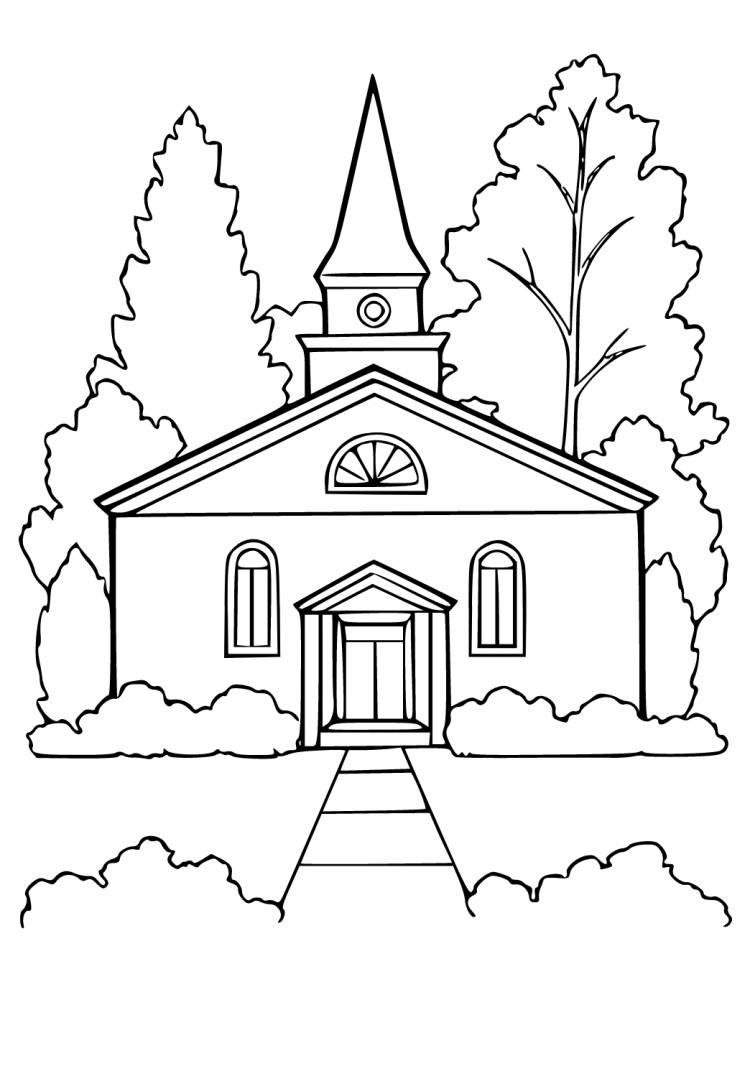 Раскраска Церковь Деревья Распечатать Бесплатно для Взрослых и Детей