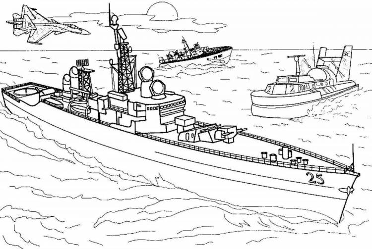Раскраски Военный корабль для детей 