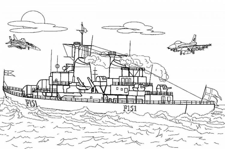 Раскраски Военный корабль для детей 