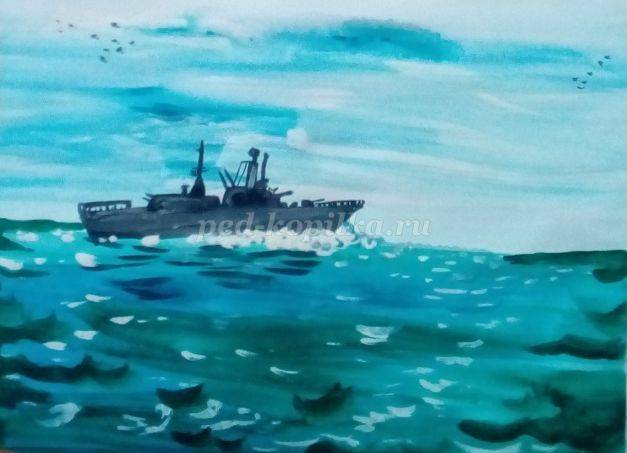 Поэтапное рисование военного корабля для детей