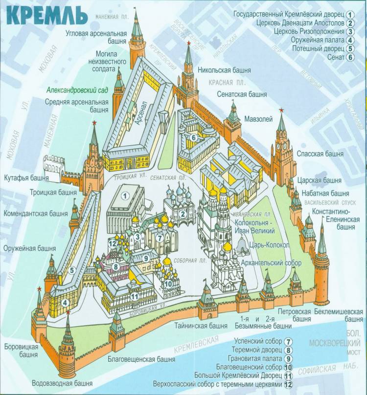 План Кремля в Москве с названиями башен и исторических объектов