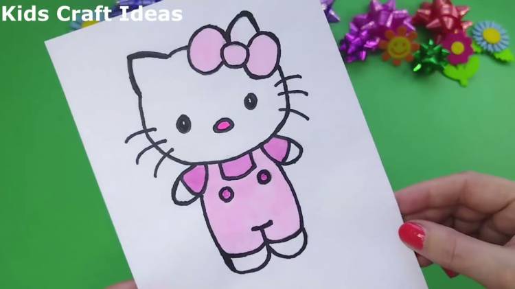 Как нарисовать Цветной рисунок кошки «Hello Kitty» для девочек