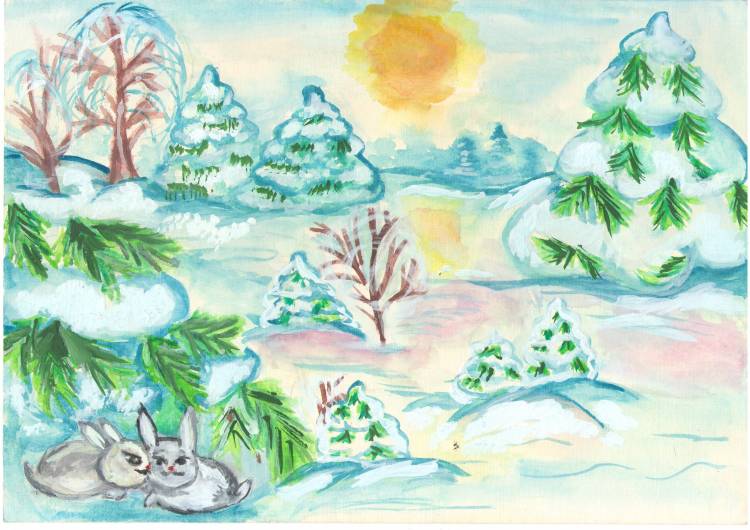 Детский рисунок зима в лесу
