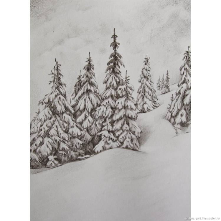 Рисунок зимний лес легкий карандашом