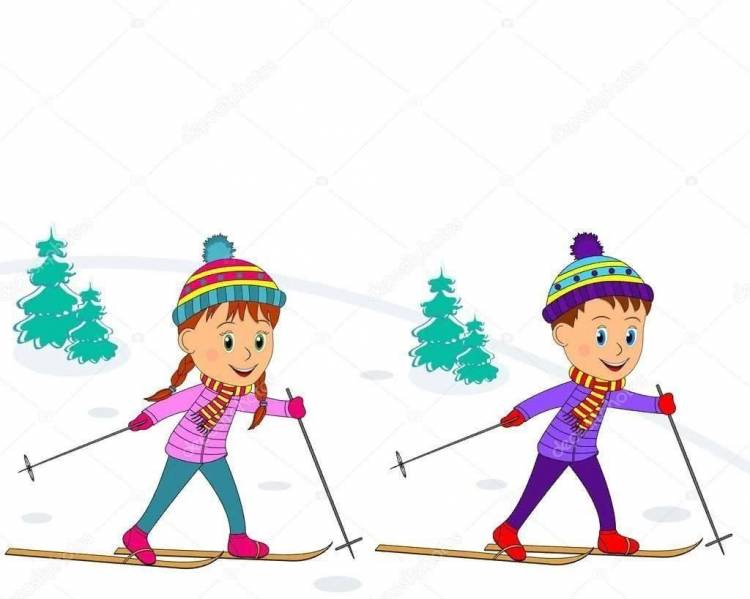 Иллюстрация дети катаются на лыжах 