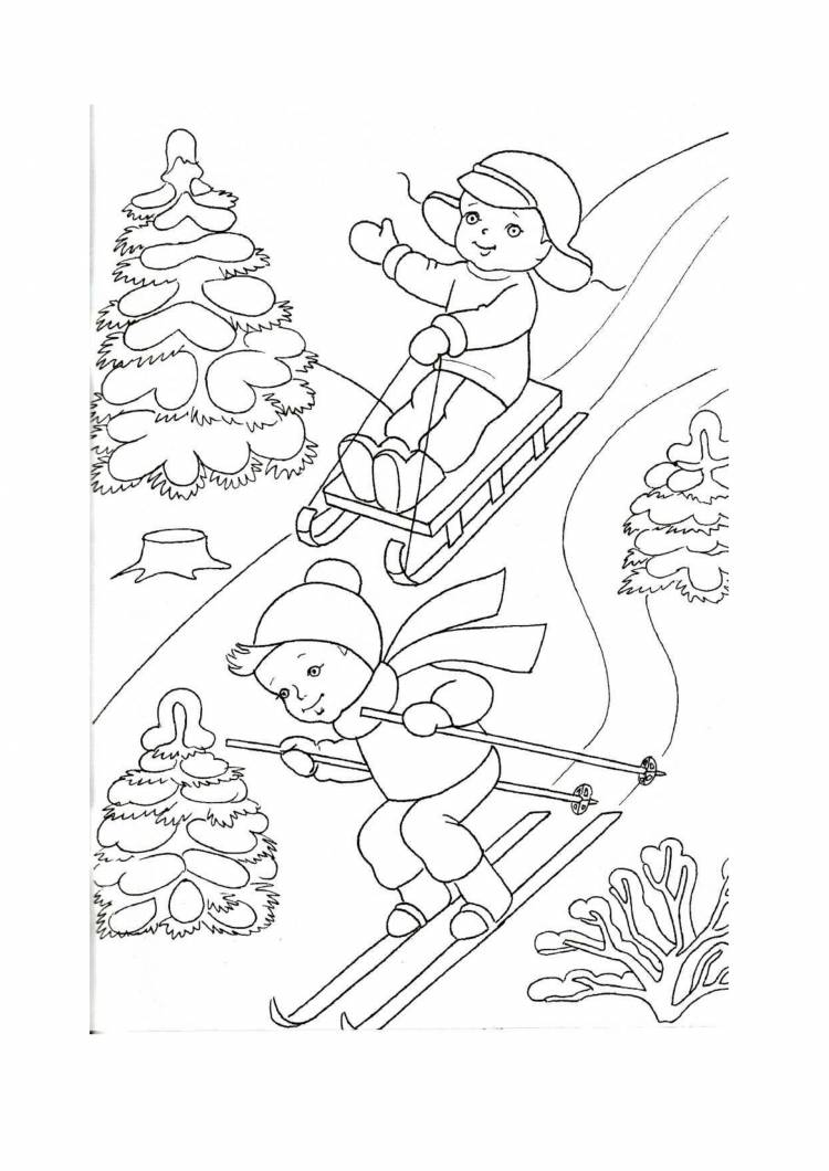 Дети катаются на санках и лыжах в лесу дети Раскраска зима распечатать