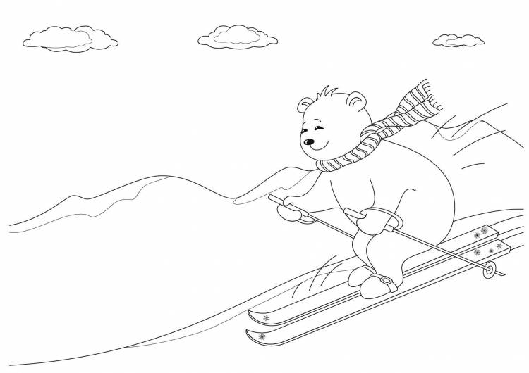 Медведь на лыжах Рисунок раскраска на зимнюю тему