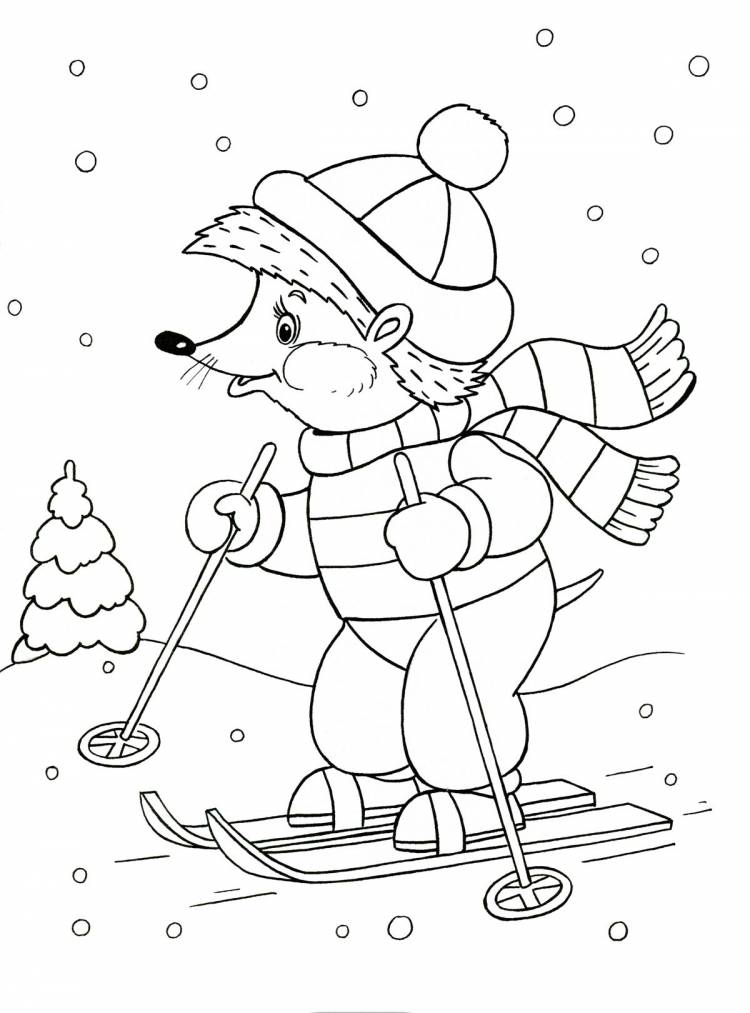 Открытки с ежиком на лыжах ежик Рисунок раскраска на зимнюю тему