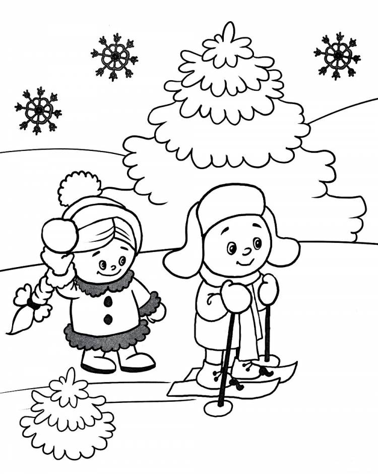 Раскраска «Дети катаются на лыжах»