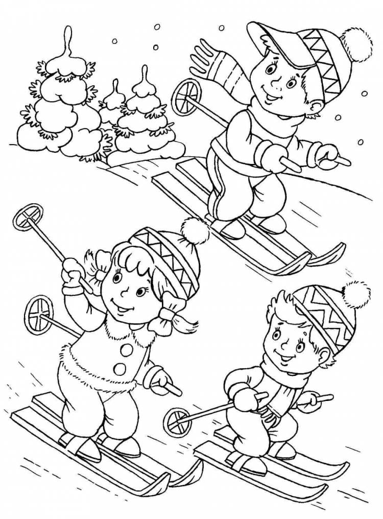 Раскраска «Дети на лыжах»