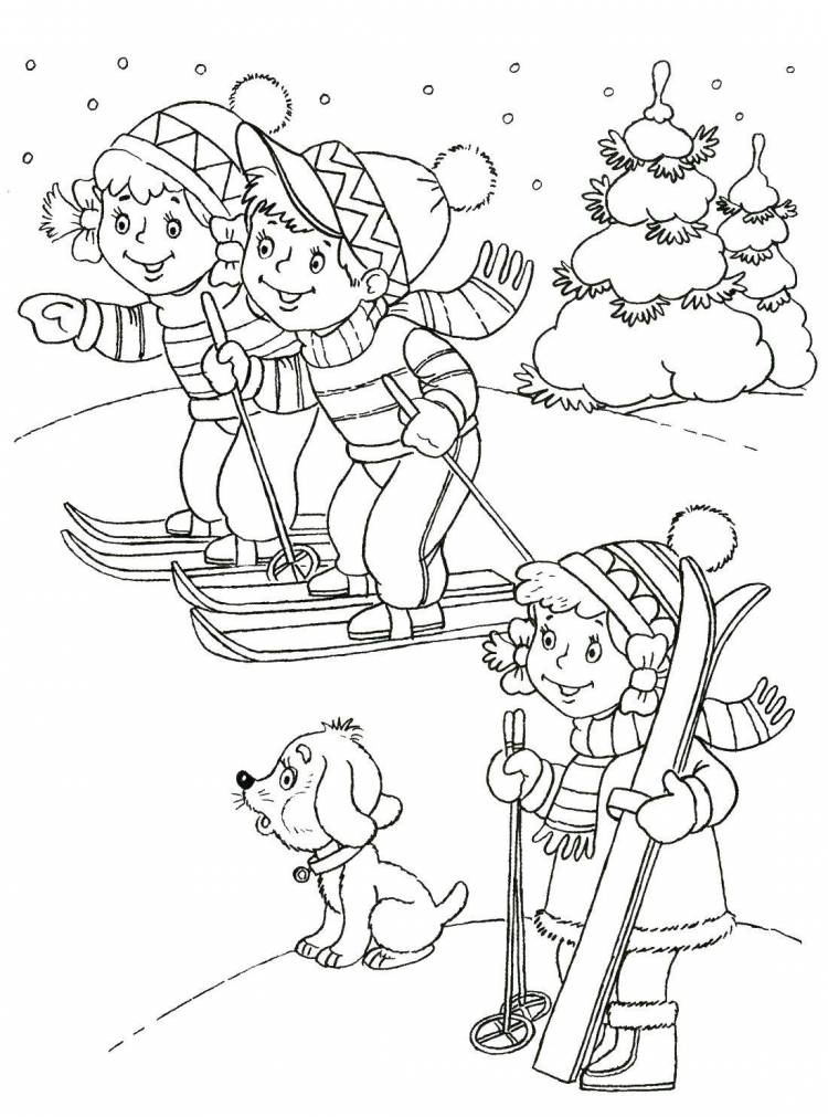 Раскраски Раскраска Дети на лыжах лыжи, скачать распечатать раскраски