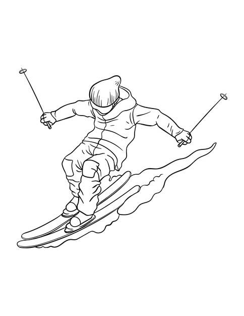 Горные лыжи изолированная страница раскраски для детей