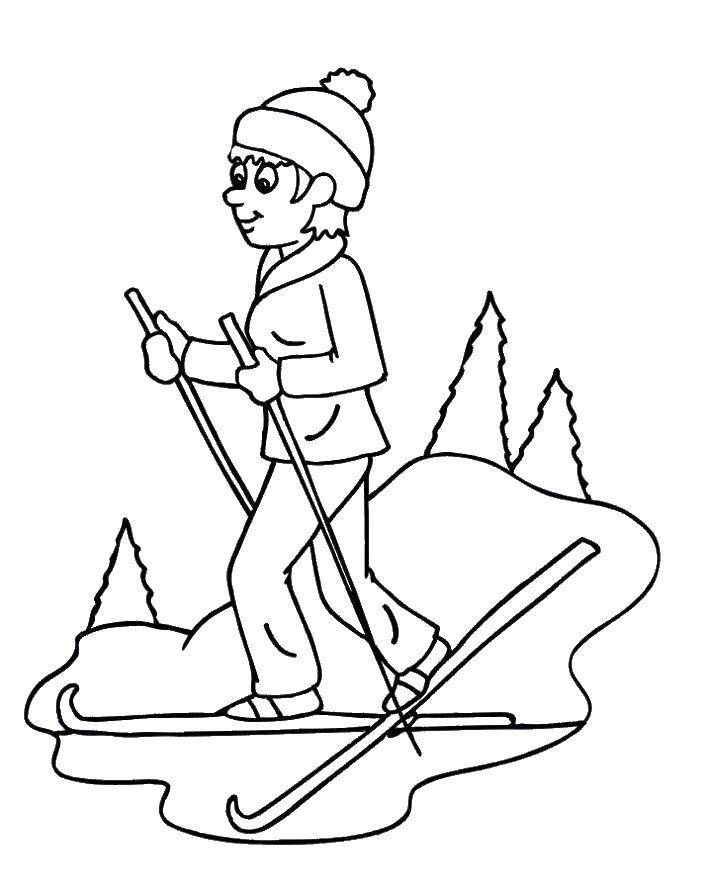 Раскраски Раскраска Лыжник катается на лыжах , Раскраски