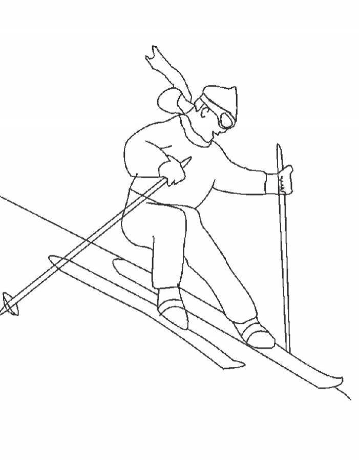 Раскраски Раскраска Лыжи Зимние виды спорта мальчик спускается с горы на лыжах лыжи, Раскраска Раскраска горные лыжи лыжи