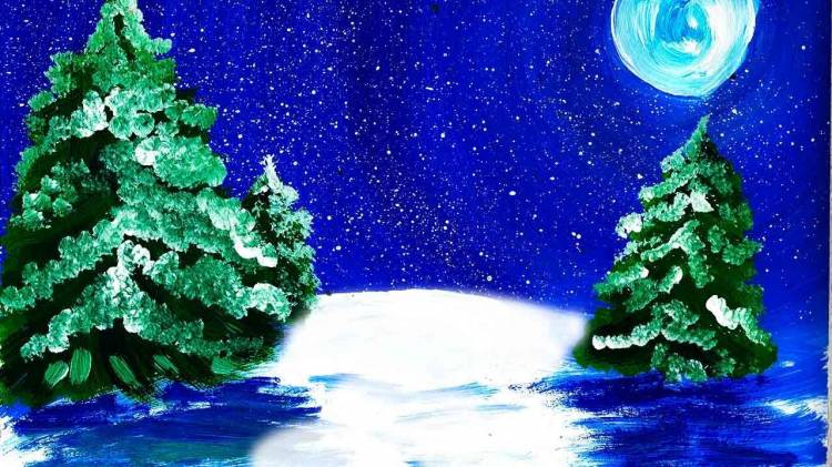 Как легко нарисовать зимний лес поэтапно, красками гуашь