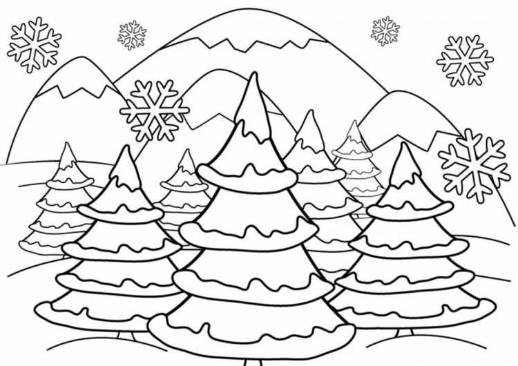 Раскраска Зимний лес для детей распечатать