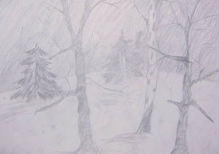 Зимний лес (простой карандаш, бумага)