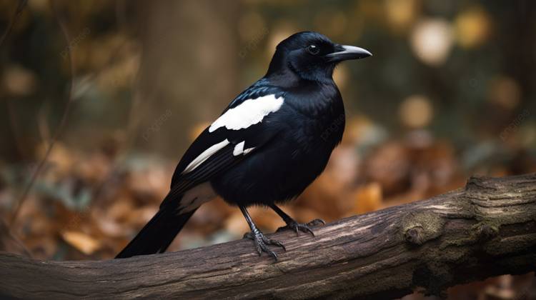 черная черно белая птица стоит на бревне осенью, картина сорока фон картинки и Фото для бесплатной загрузки