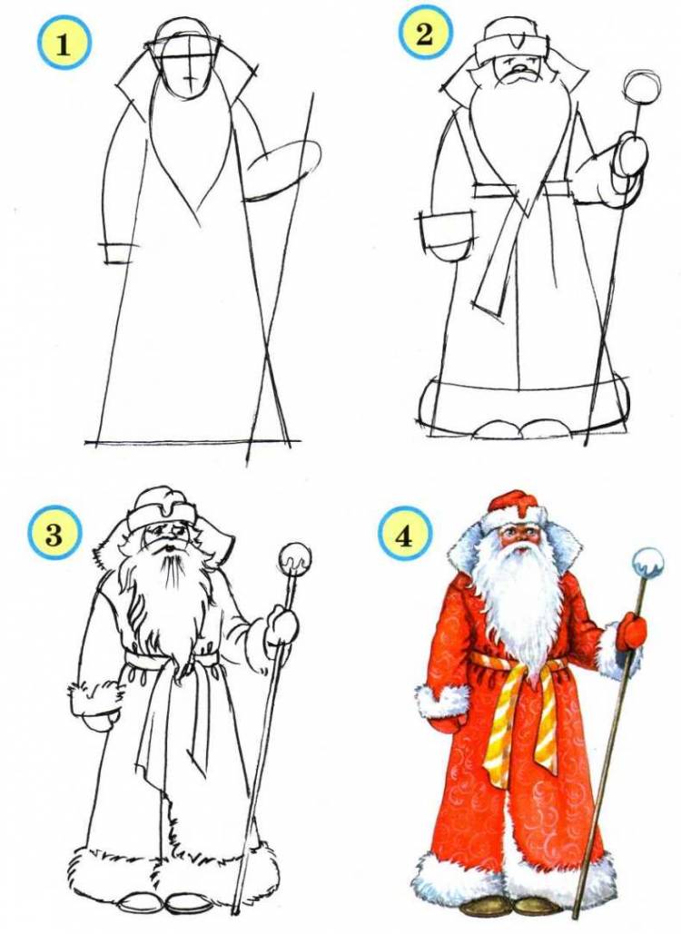 Как нарисовать Деда Мороза карандашами, фломастерами и гуашью