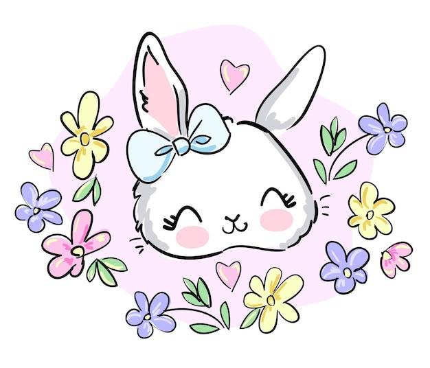 Ручной рисунок милый зайчик и цветы векторные иллюстрации печать дизайн кролик дети печать на футболке