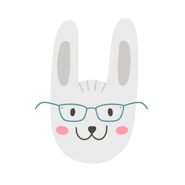 Векторный белый кролик в очках, голова милого кролика для детей