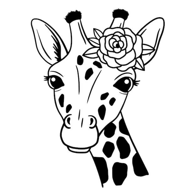 Симпатичный жираф с розой line art цветочный рисунок жирафа векторная иллюстрация