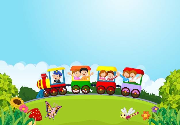 Мультфильм счастливых детей на красочный поезд