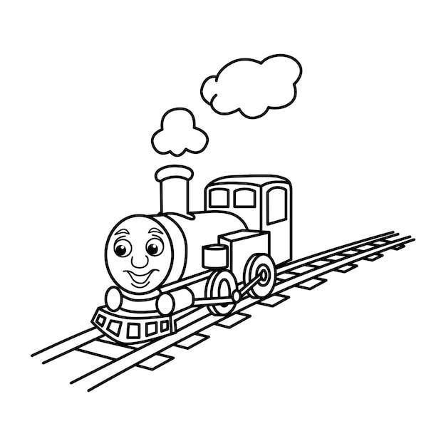 Смешные герои мультфильмов поезда с милой векторной иллюстрацией лица для детей книжка-раскраска