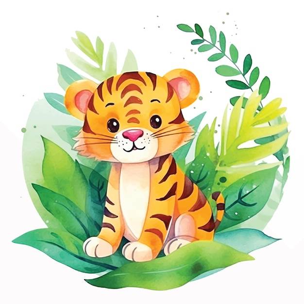Милый тигр в джунглях мультяшная акварельная краска