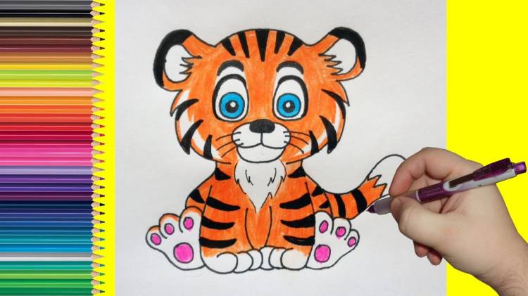 How to draw a cute tiger, Как нарисовать тигрёнка