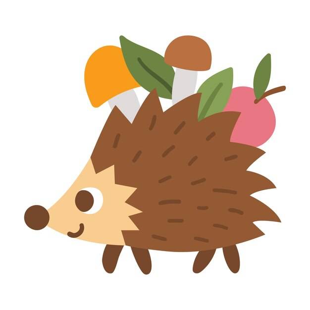 Векторный ёжик с грибами и яблоком смешная икона лесного животного симпатичная лесная иллюстрация для детей на белом фоне xa