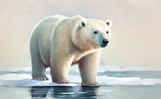 Белый медведь стоит на льдине акварельные иллюстрации для детей в мультяшном стиле, сгенерированные ai